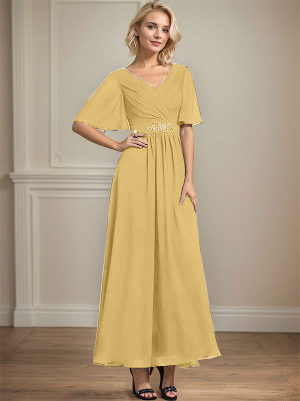 A-Linien V-Ausschnitt Knöchellanges Chiffon Kleid für die Brautmutter mit plissierten Perlen und Pailletten