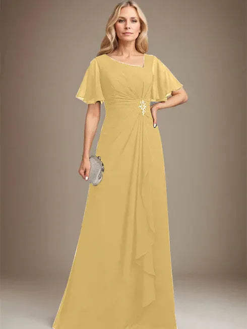 A-Linien asymmetrisches bodenlanges Chiffon Mutter-der-Braut-Kleid mit plissierten Perlen und Pailletten