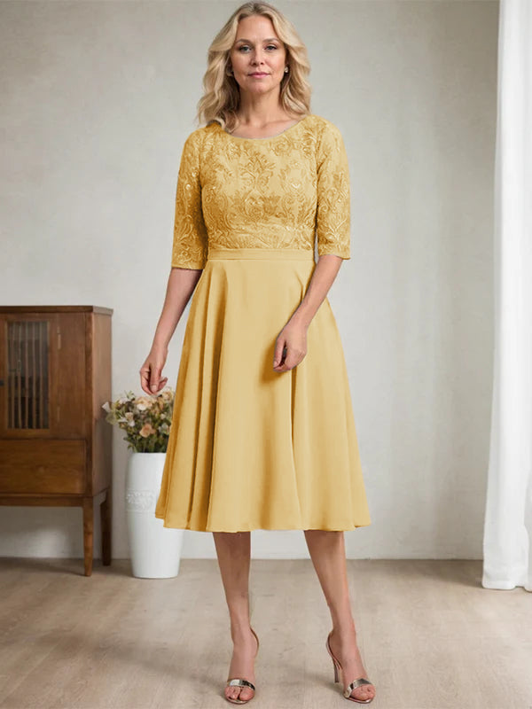 A-Linien Rundhalsausschnitt knielanges Spitzen-Chiffon Kleid für die Mutter der Braut