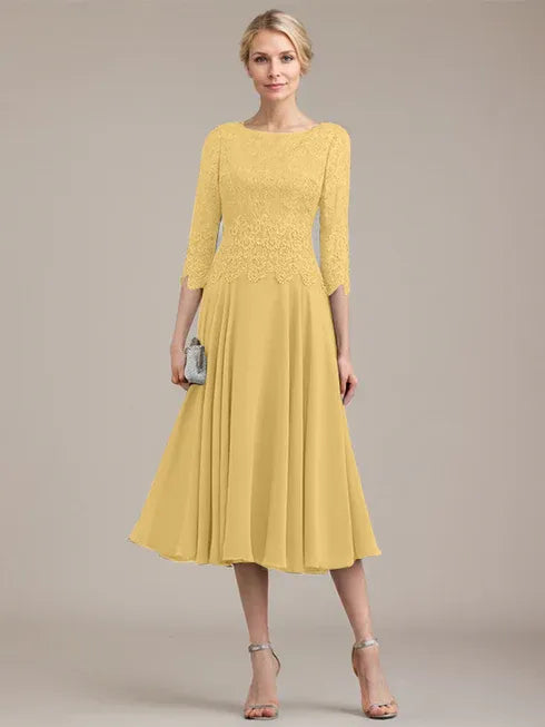 A-Linien Kleid mit Rundhalsausschnitt, tea-länge, Spitze und Chiffon, Mutter der Braut Kleid