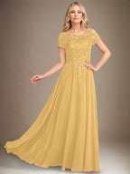 Robe de mère de la mariée en chiffon à coupe évasée, encolure arrondie, longueur au sol, avec appliques et sequins
