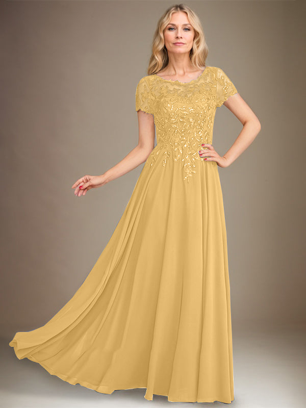 Robe de mère de la mariée en chiffon à coupe évasée, encolure arrondie, longueur au sol, avec appliques et sequins