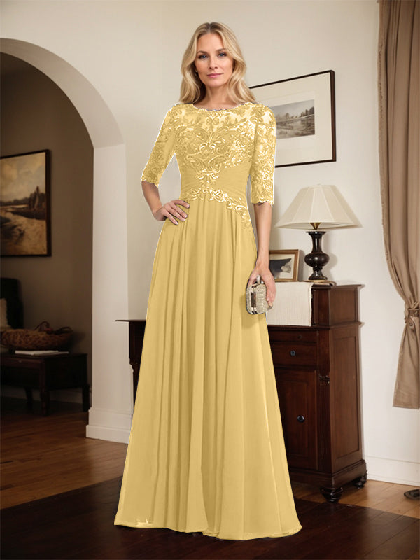 A-Linien Ausschnitt Illusions-Bodenlanges Chiffon-Spitzenkleid für die Mutter der Braut mit plissierten Pailletten