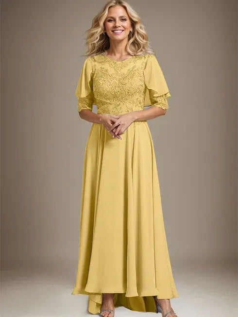 A-Linien Kleid mit Scoop-Ausschnitt, Illusion, asymmetrischem Chiffon und Spitzen, Mutter-der-Braut-Kleid mit Perlenbesatz