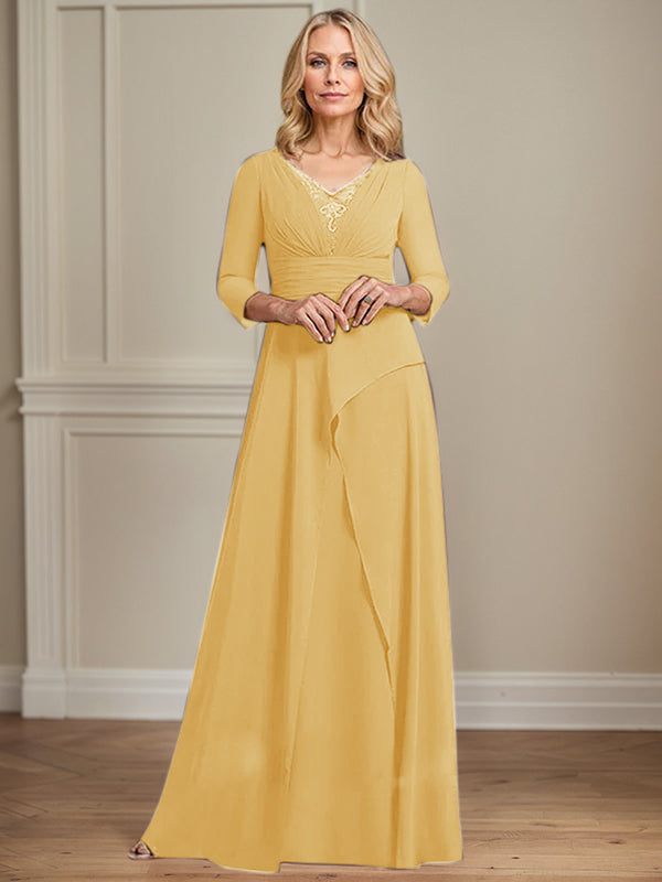 A-Linien Chiffon-Mutter-der-Braut-Kleid mit V-Ausschnitt, bodenlang, plissierte Perlenverzierung
