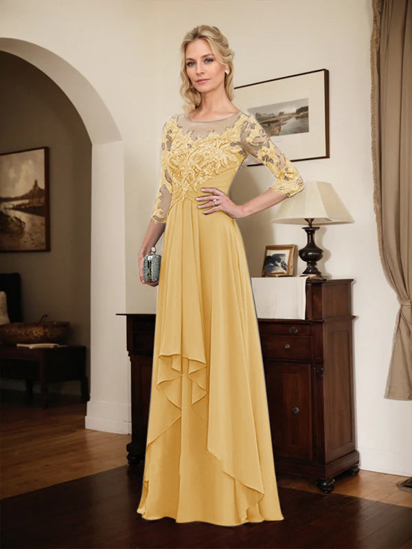 Robe mère de la mariée en ligne A avec col rond illusion, dentelle et chiffon longueur sol avec volants en cascade