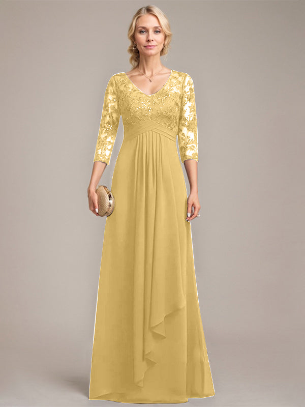A-Linien V-Ausschnitt bodenlanges Spitzen-Chiffonkleid für die Mutter der Braut mit kaskadierenden Rüschen und Pailletten