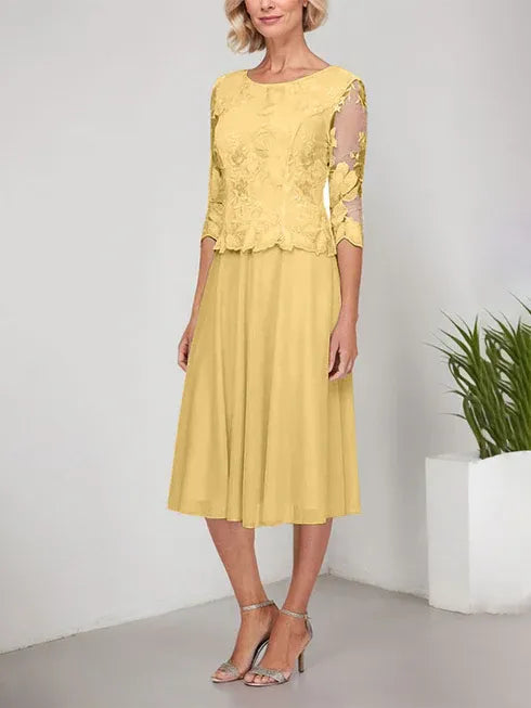 A-Linie Rundhals Tee-Länge Spitze Chiffon Mutter-der-Braut-Kleid mit Stickerei