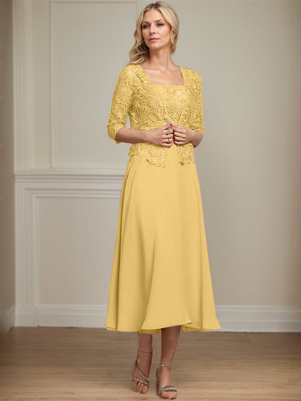 Robe de mère de la mariée en mousseline et dentelle ligne A longueur thé avec perles et sequins