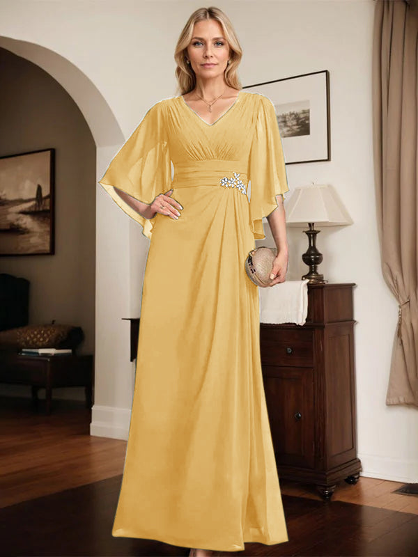 Etuikleid/Säule V-Ausschnitt bodenlanges Chiffon Mutter-der-Braut-Kleid mit plissierten Pailletten und Perlen