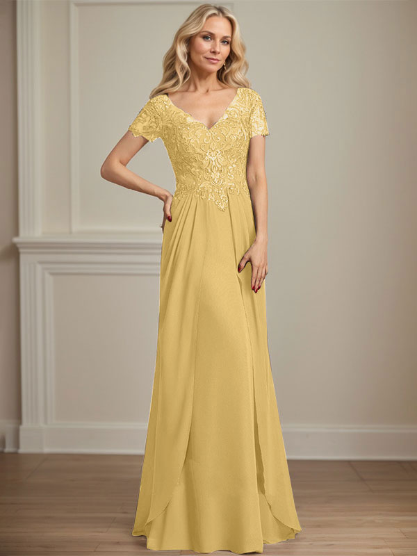 A-Linien Chiffon-Spitzen-Mutter-der-Braut-Kleid mit V-Ausschnitt, bodenlang