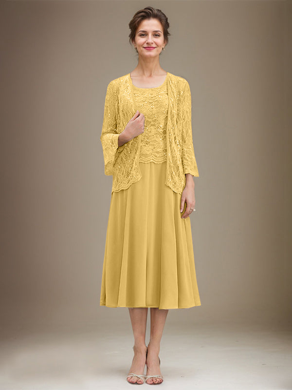 A-Linien Spitzen-Chiffon-Brautmutterkleid mit V-Ausschnitt, tea-length, mit Pailletten