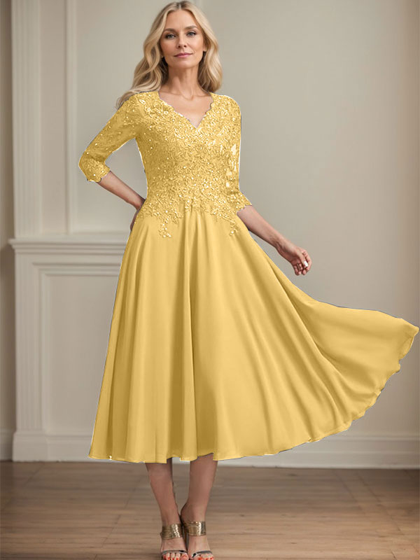 Robe de mère de la mariée en mousseline longueur thé, ligne A, col en V, en dentelle avec perles et sequins