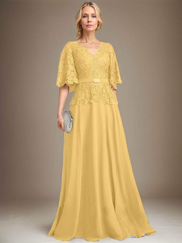 A-Linien V-Ausschnitt Bodenlanges Chiffon-Spitzen Mutter-der-Braut-Kleid mit Kristallbrosche und Strass