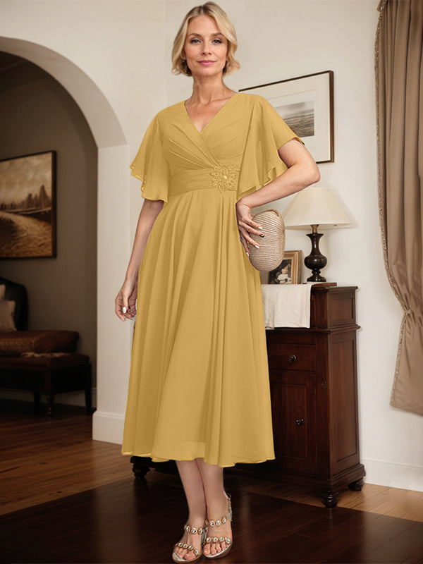 A-Linien Kleid mit V-Ausschnitt, tea-length Chiffon, Mutter der Braut mit plissierten Perlen