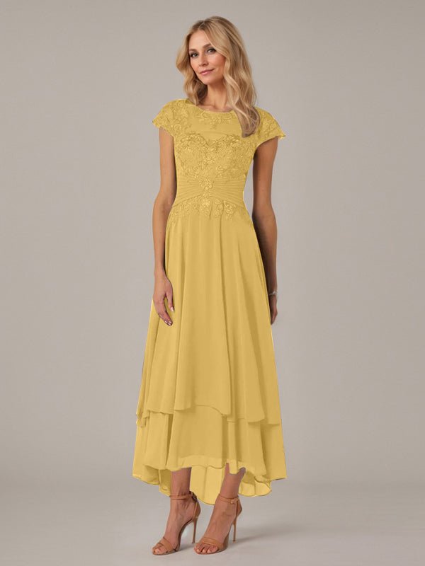 A-Linien Boot-Ausschnitt Illusions asymmetrisches Chiffon-Spitzen Mutterkleid der Braut mit Applikationsfalten