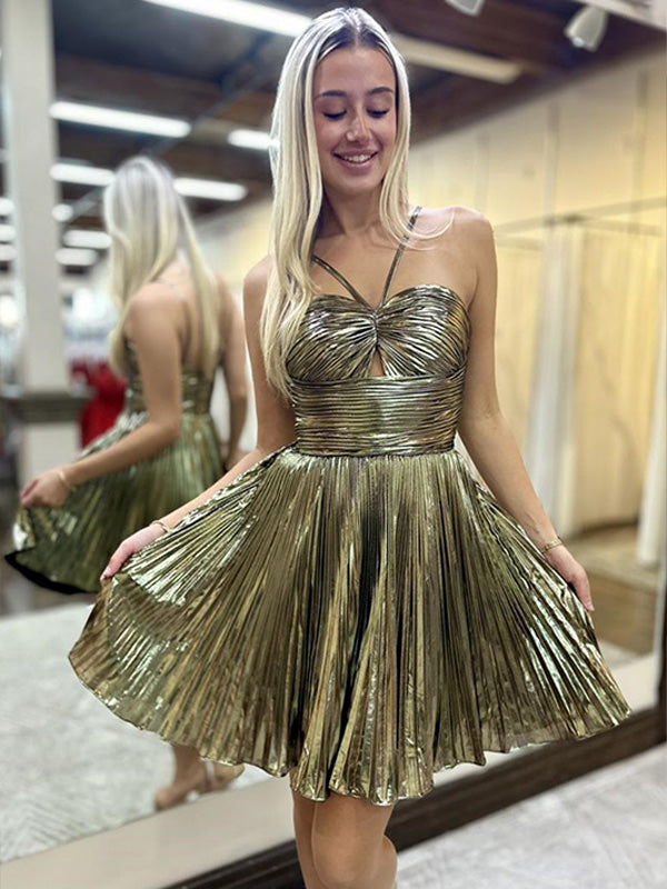 Gold A-Line Halter Neck Short Metallic Homecoming Dress with Pleating