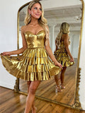Gold A-Line Sweetheart Short Tiered Metallic Homecoming Dress