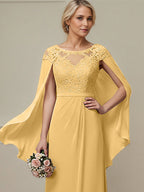Goldfarbenes A-Linien Kleid mit Rundhalsausschnitt, Illusionseinsatz, bodenlang aus Spitze und Chiffon, Mutter der Braut Kleid mit Applikationen