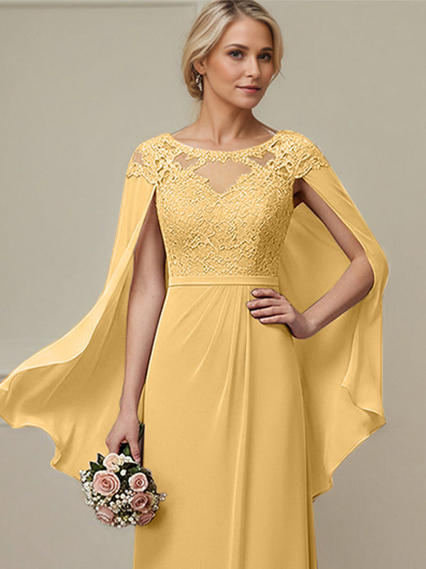 Goldfarbenes A-Linien Kleid mit Rundhalsausschnitt, Illusionseinsatz, bodenlang aus Spitze und Chiffon, Mutter der Braut Kleid mit Applikationen