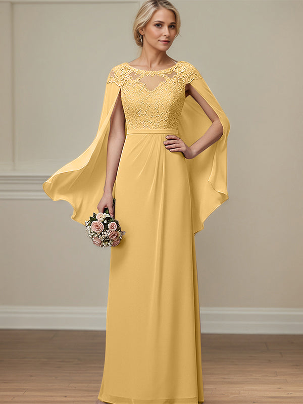 Goldfarbenes A-Linien Kleid mit Rundhalsausschnitt, Illusionseinsatz, bodenlang aus Spitze und Chiffon, Mutter der Braut Kleid mit Applikationen