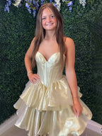 Gold Strapless Organza Tiered Short Homecoming Dress with Ruffles