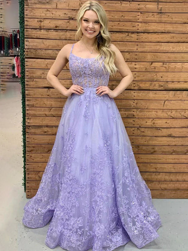 Vestido Longo de Festa Roxo A-Line com Alças Finas, Renda, Tule e Apliques