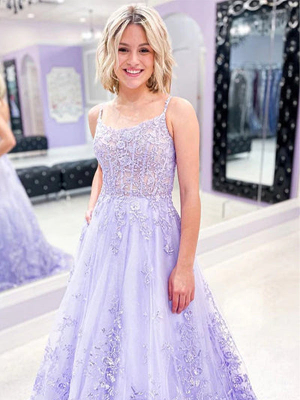 Vestido Longo de Festa Roxo A-Line com Alças Finas, Renda, Tule e Apliques