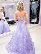 Vestido Longo de Festa Roxo A-Line com Alças Finas, Renda, Tule e Apliques