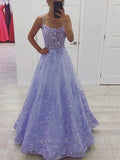Vestido Longo de Festa Roxo A-Line com Alças Finas, Renda, Tule e Apliques