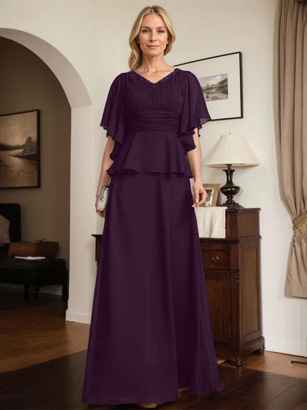 A-Linien Chiffon-Mutter-der-Braut-Kleid mit V-Ausschnitt, bodenlang, plissierte Perlenverzierung