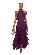 A Line Pink Chiffon Halter Neck Sleeveless Ankle Length Dress With Cascading Ruffles