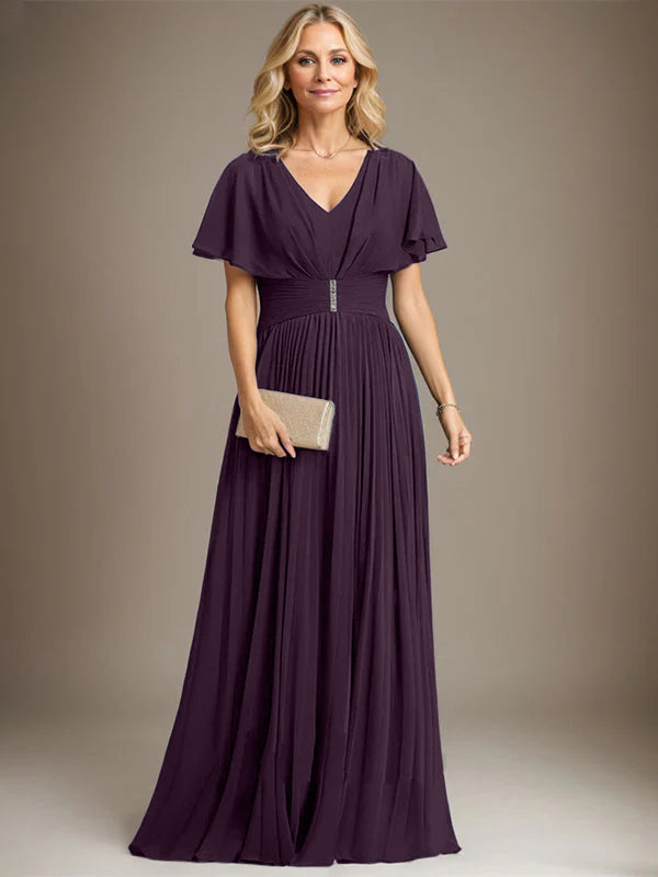 A-Linien V-Ausschnitt Bodenlanges Chiffon Brautmutterkleid mit Kristallbrosche und Plisseefalten