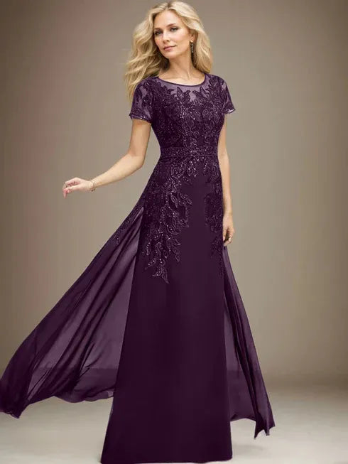 Etui/Säulen Rundhals Illusionsbodenlanges Spitzen-Chiffonkleid für die Brautmutter mit Pailletten