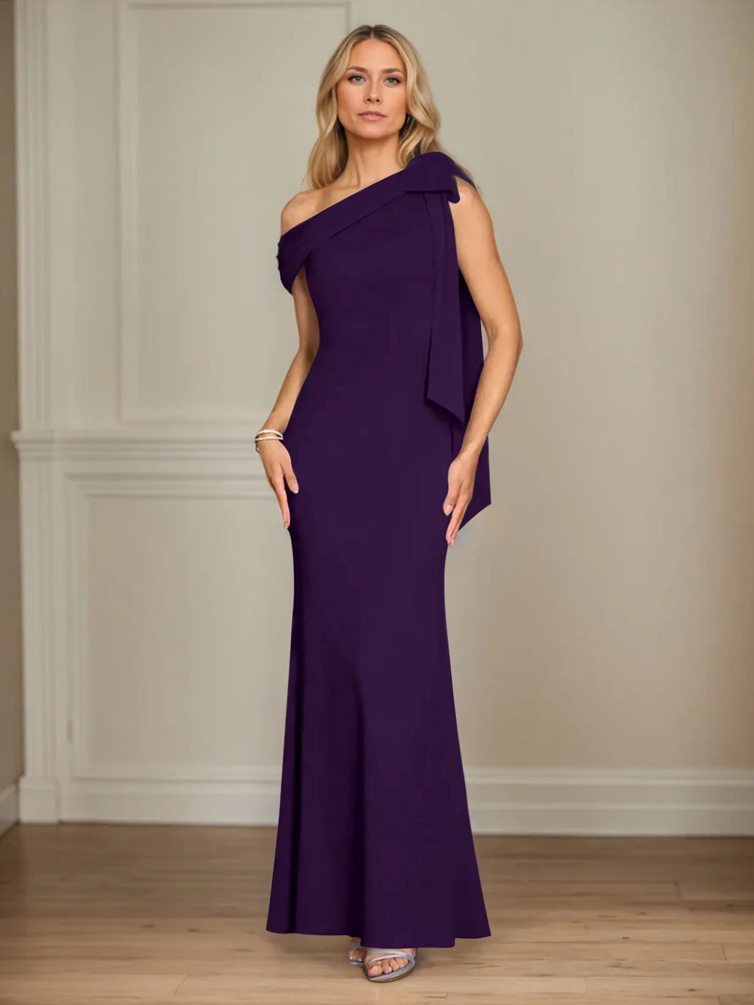 Trumpet/Mermaid Ein-Schulter Ärmelloses Stretch-Crêpe Kleid für die Brautmutter mit Schleife