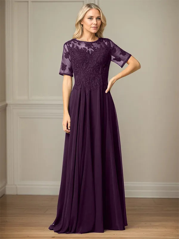 A Line Chiffon Scoop Neck Short Sleeves Floor Length Mother of the Bride Dresses