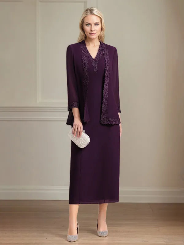 Etui/Column Chiffon V-Ausschnitt 3/4 Ärmel Tea-Length Kleid für die Mutter der Braut