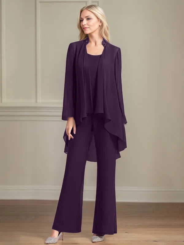 Chiffon Kleid mit Rundhalsausschnitt, langen Ärmeln, bodenlang, Hosenanzug für die Brautmutter