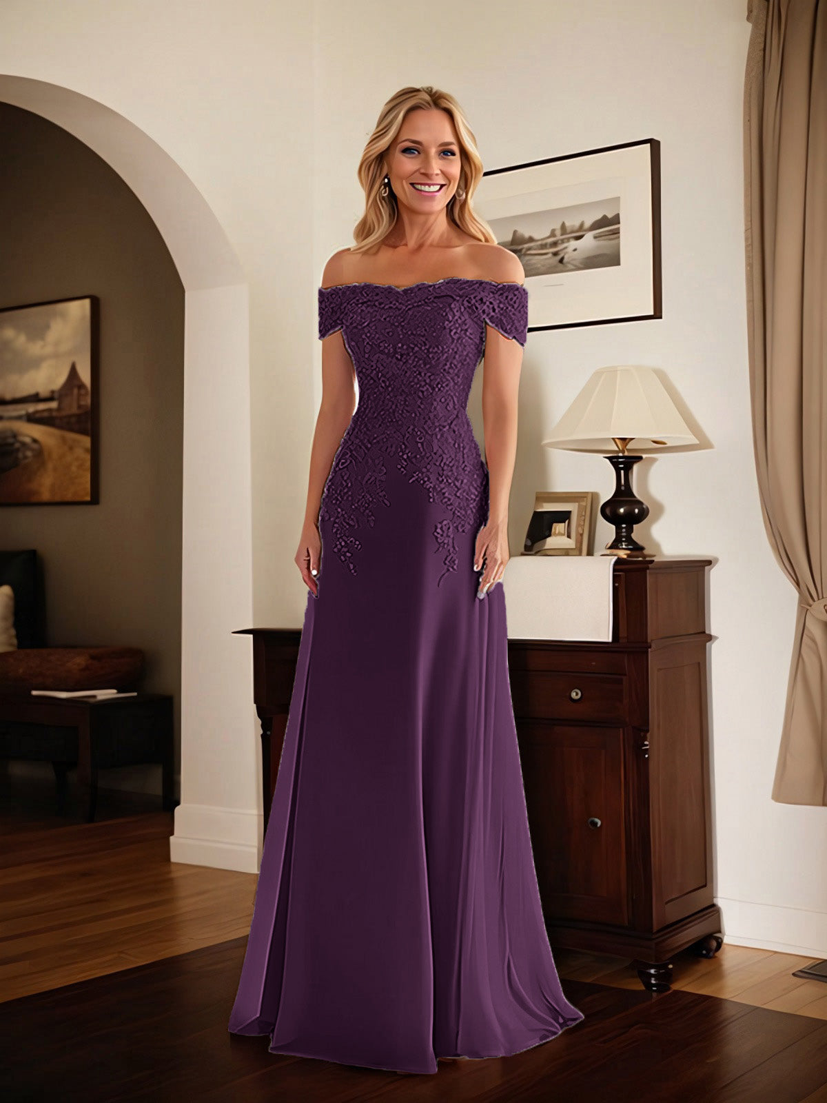 Elegantes taupefarbenes schulterfreies Etuikleid Mutter der Braut Kleid mit Spitze