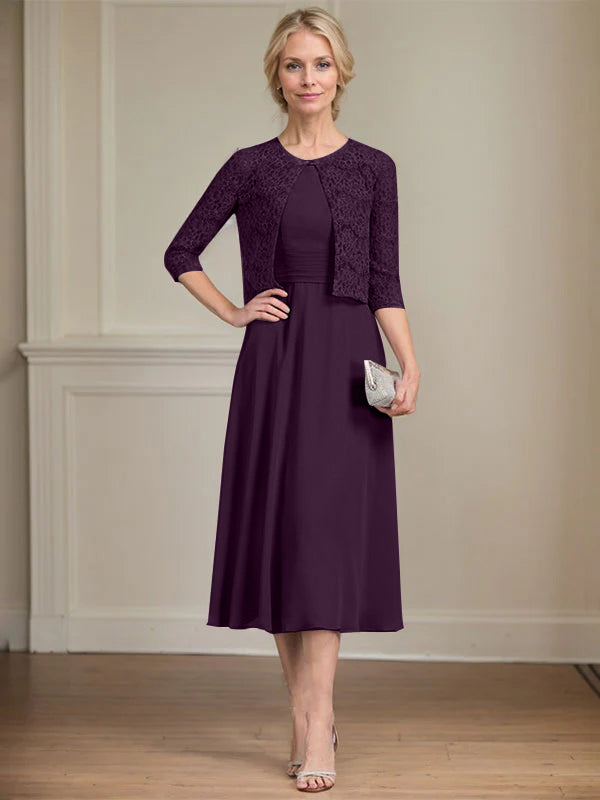A-Linien Rundhals Tee-Länge Chiffon Kleid für die Mutter der Braut mit Falten