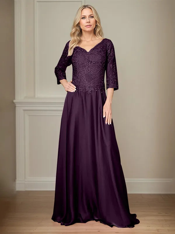 A Line Chiffon V Neck 3/4 Sleeves Floor-Length Mother Of The Bride Dress With Appliques
