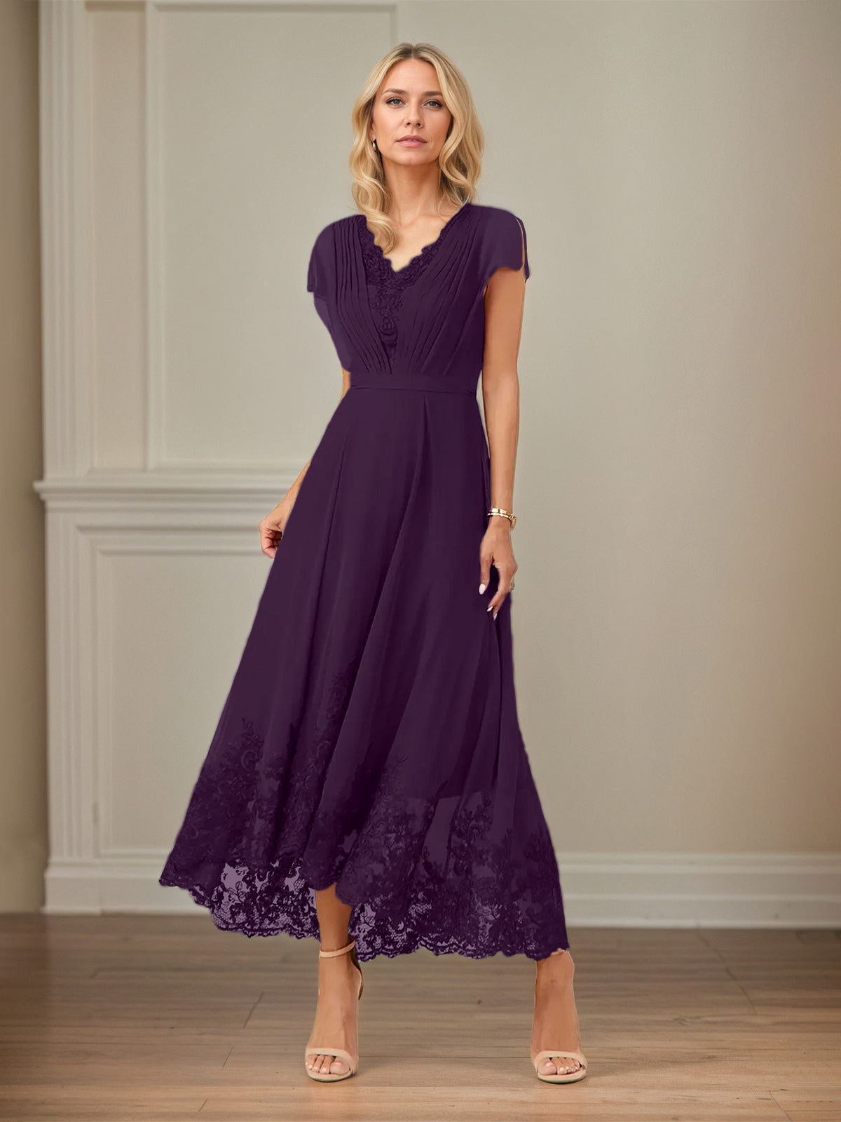 A-Linien Chiffon Kleid mit V-Ausschnitt, flatternden Ärmeln, knöchellang mit Applikationen