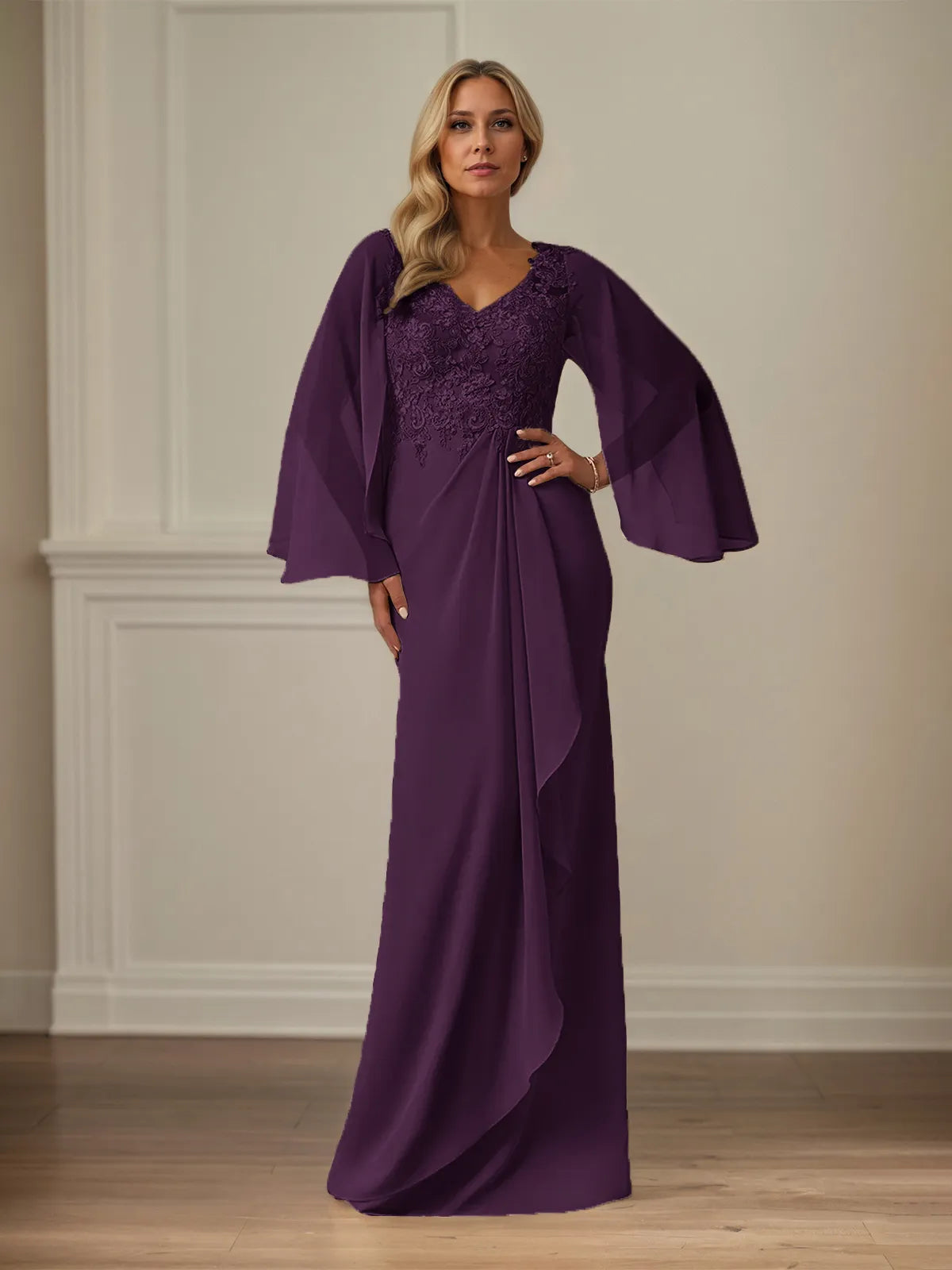 Etui/Kolumnen Chiffon V-Ausschnitt Langarm Bodenlanges Brautmutterkleid mit Applikationen
