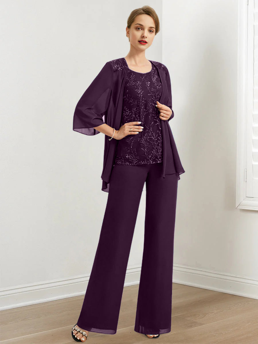 Chiffon Hosenanzüge für die Brautmutter mit Pailletten und Jacke