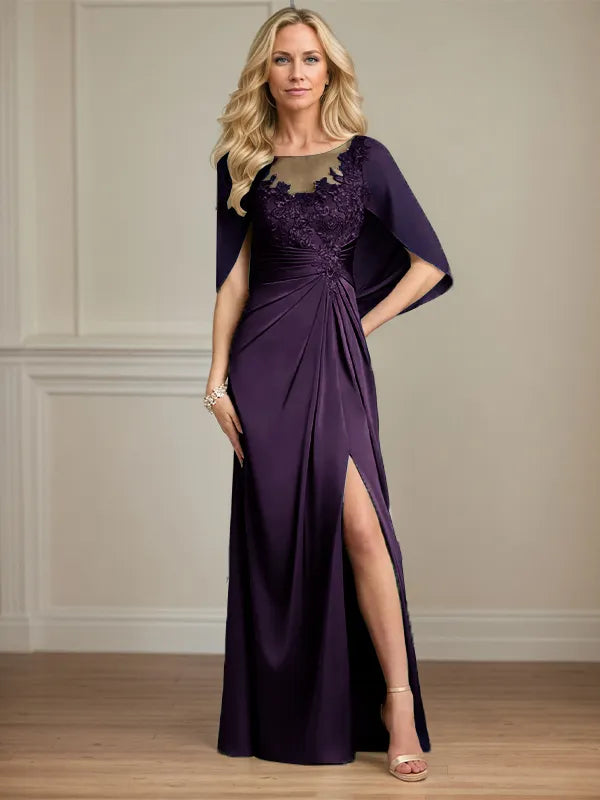 Robe mère de la mariée en satin, coupe fourreau/colonne, encolure dégagée, manches courtes, longueur au sol