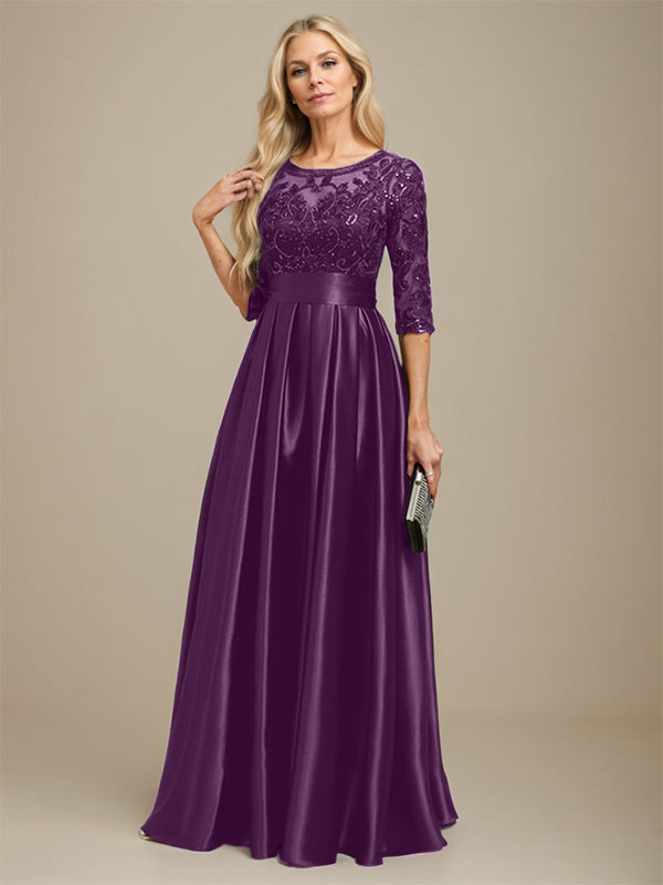 A-Linien Ausschnitt Illusions bodenlanges Stretch-Satin-Spitzenkleid für die Brautmutter mit Schleife und Pailletten