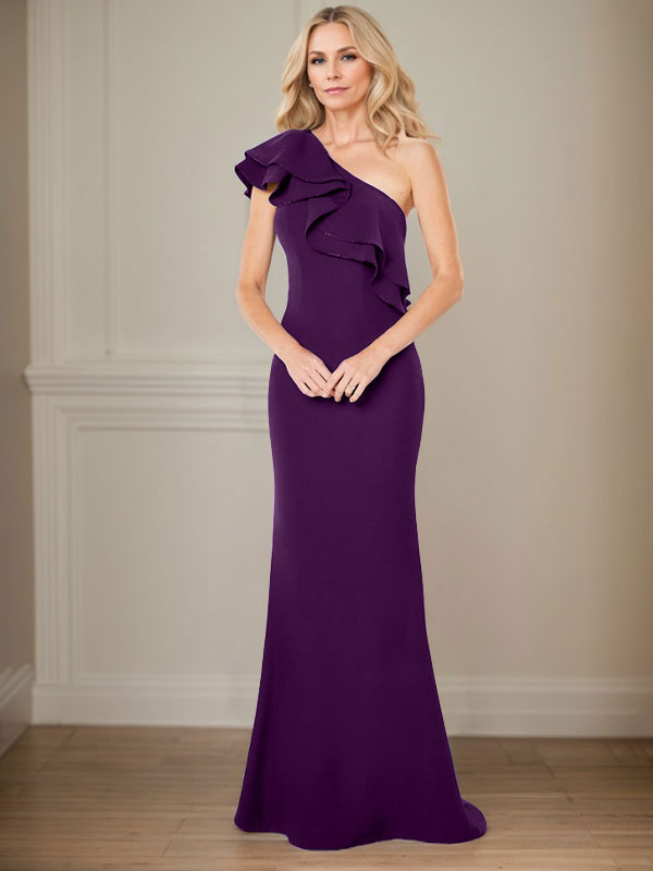 Abito da madre della sposa a linea A in chiffon con una spalla, lunghezza fino a terra e volant