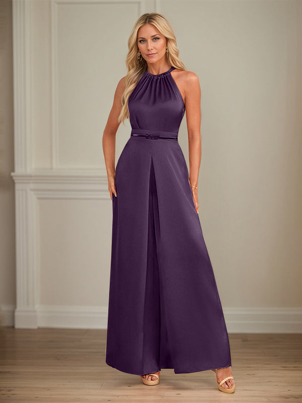 Jumpsuits Neckholder bodenlanges Satin Hochzeitskleid