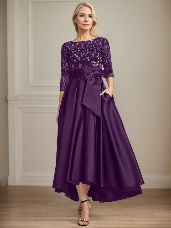 A-line Scoop Illusion Asymmetrical Satin Lace Mother of the Bride Dress With Bow