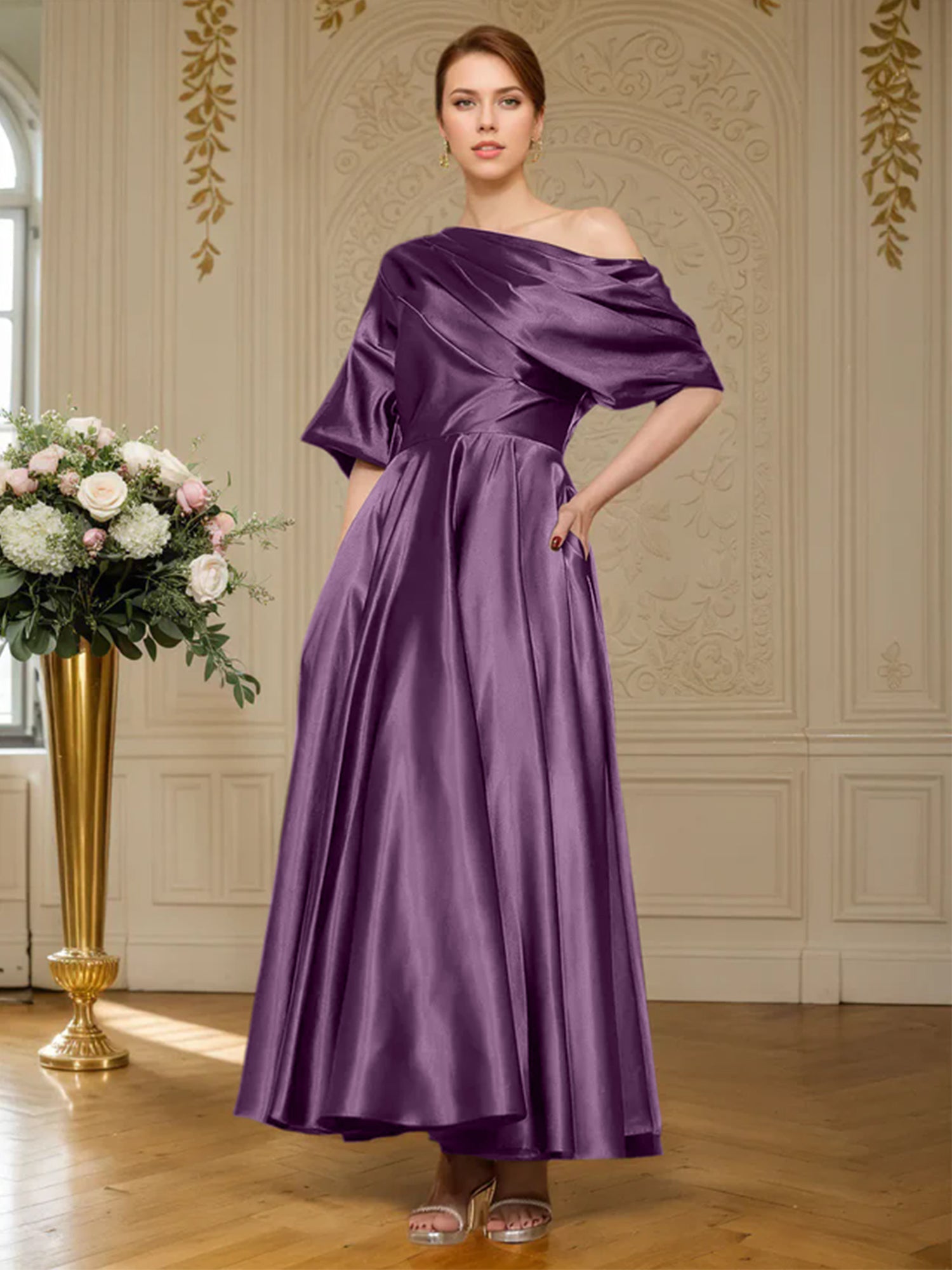 A-Linien Kurzarm plissiertes knöchellanges seidenähnliches Satin Kleid für die Brautmutter